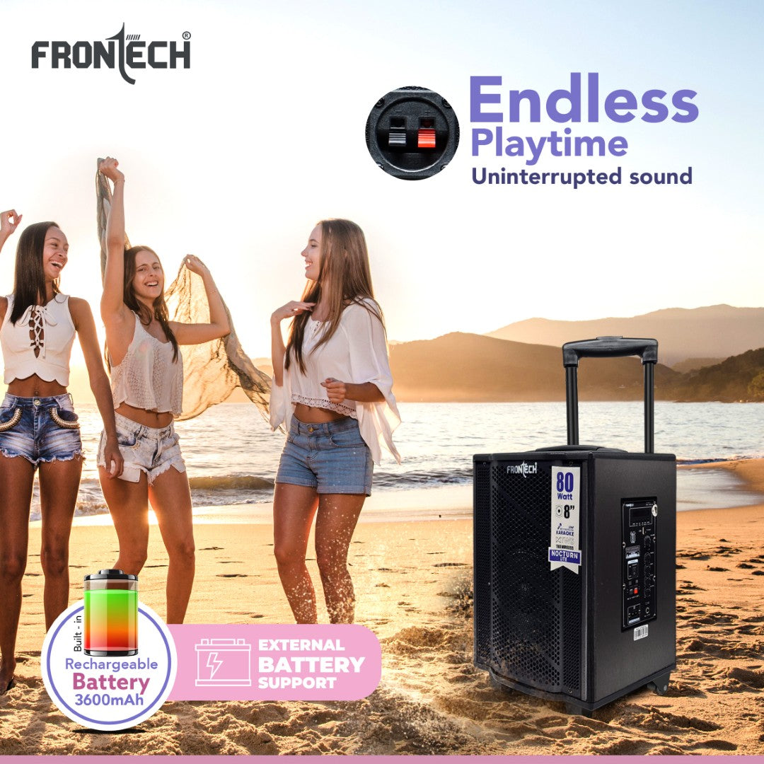 Frontech Nocturn Lite 80W Trolley Speaker | Wireless Mics, USB/BT/FM, Guitar & MIC Input, Rechargeable (SW-0221) Frontech Nocturn Lite 80W Trolley Speaker | Wireless Mics, USB/BT/FM, Guitar & MIC Input, Rechargeable (SW-0221)